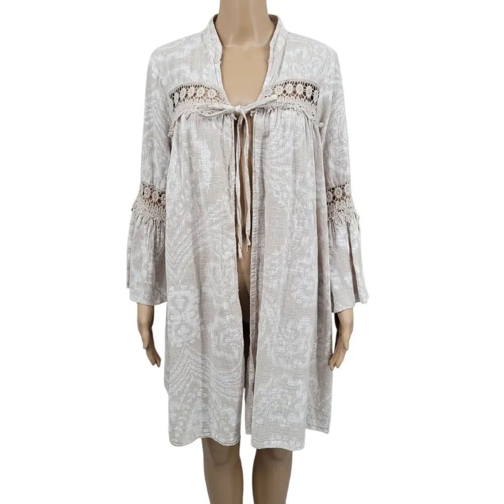 Kaktus Italian Cotton Beige White Crochet Lace Trim Duster Cover Up Women's S